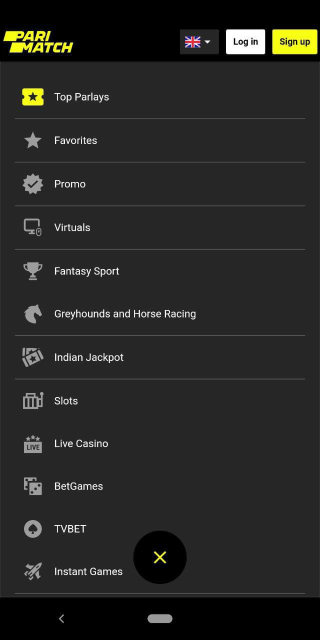 Menu in the Parimatch app: top players, favorites, promo, virtuals, fantasy sports, sports betting,casino games and more.
