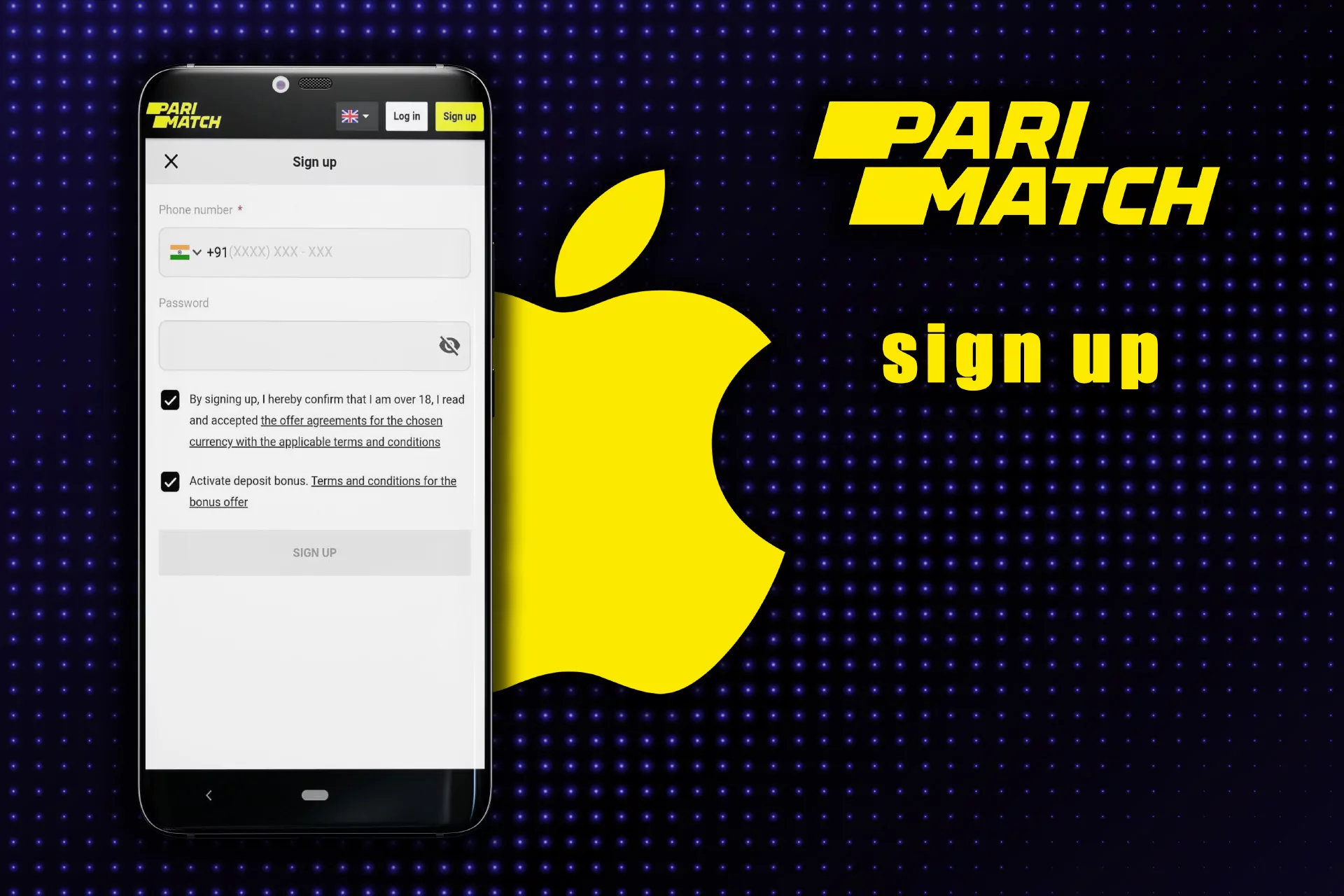 Press the 'Sign up' button and create a new account on Parimatch.