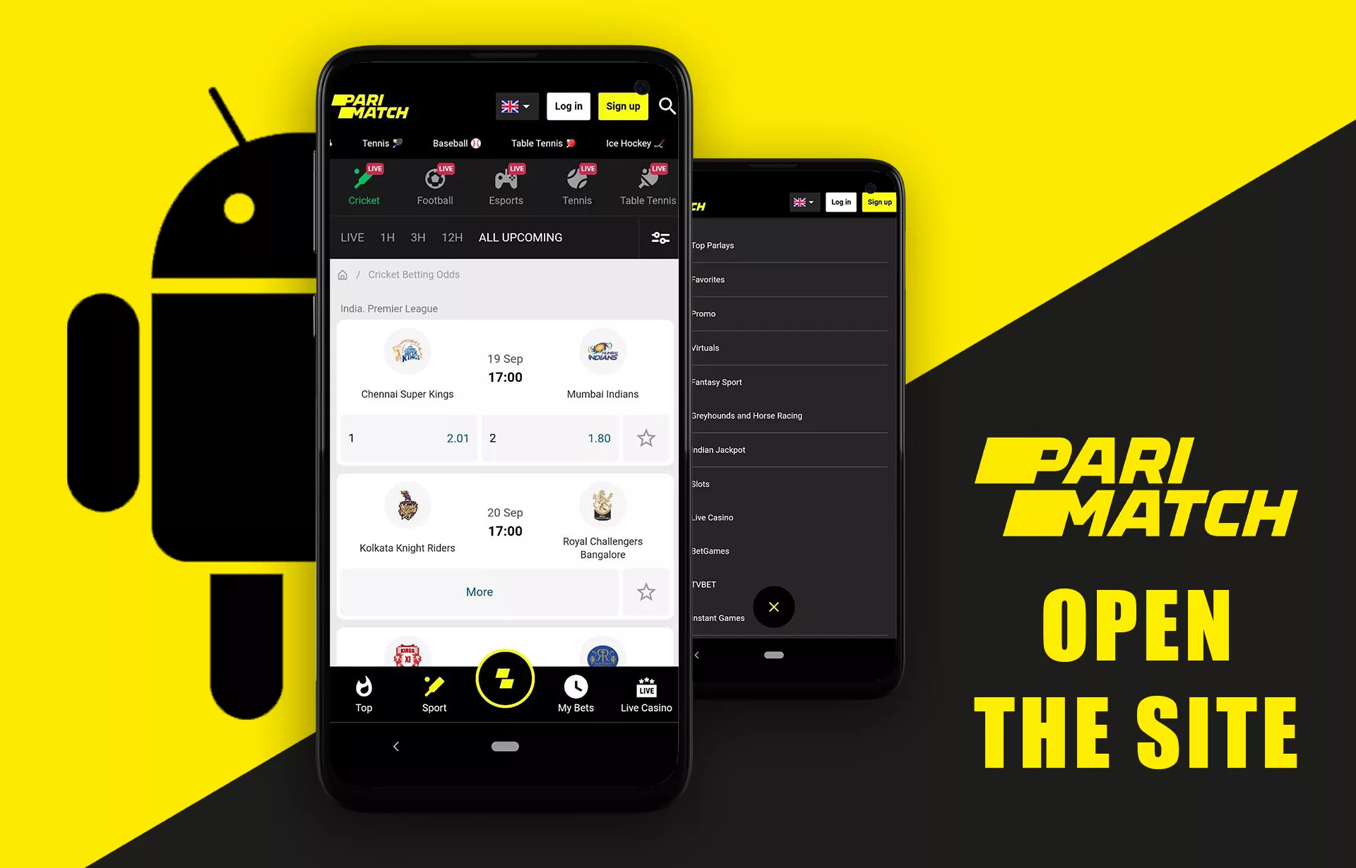 Open the official site of Parimatch in a mobile browser.