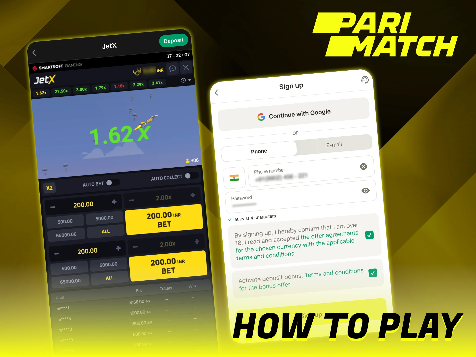 Perform some simple actions before starting Parimatch JetX.