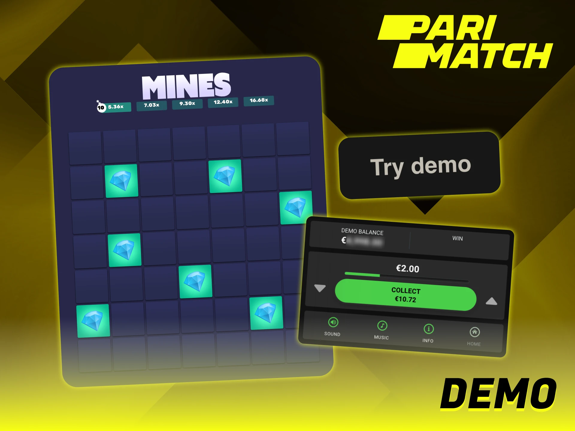 Try Parimatch Mines demo version before playing for real money.