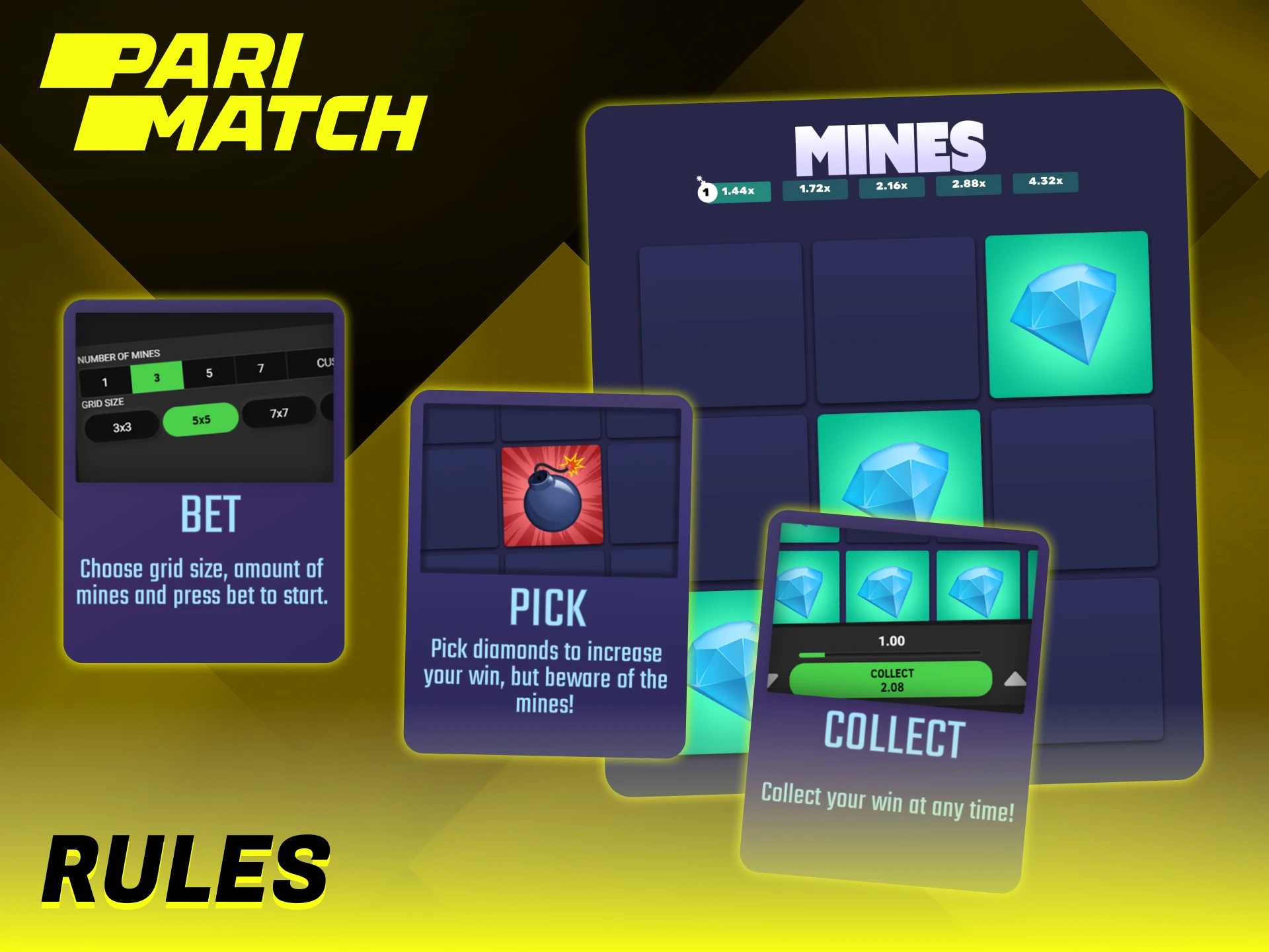 Learn the rules before playing Mines at Parimatch platform.