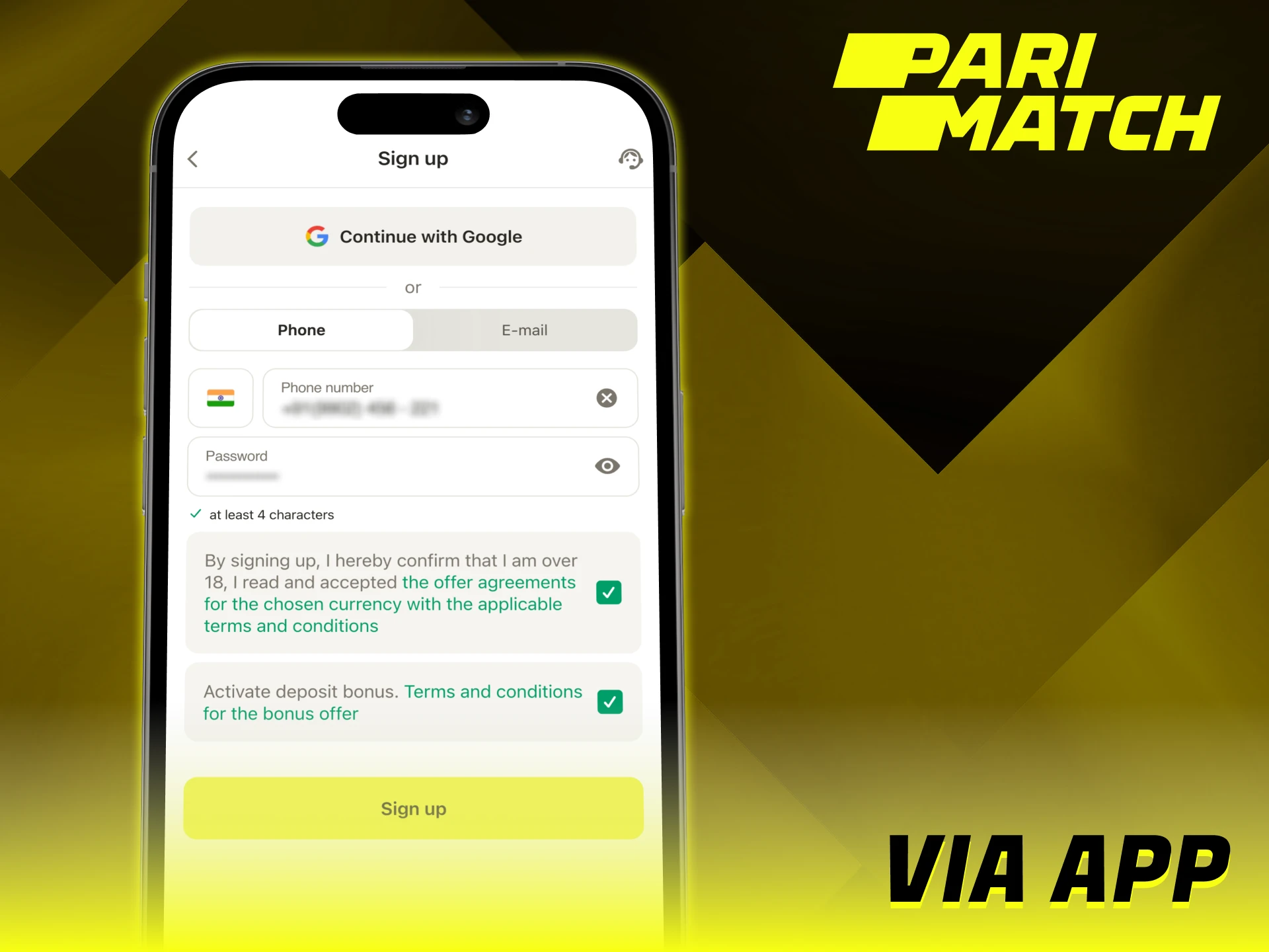 Sign up or login at Parimatch via mobile application.