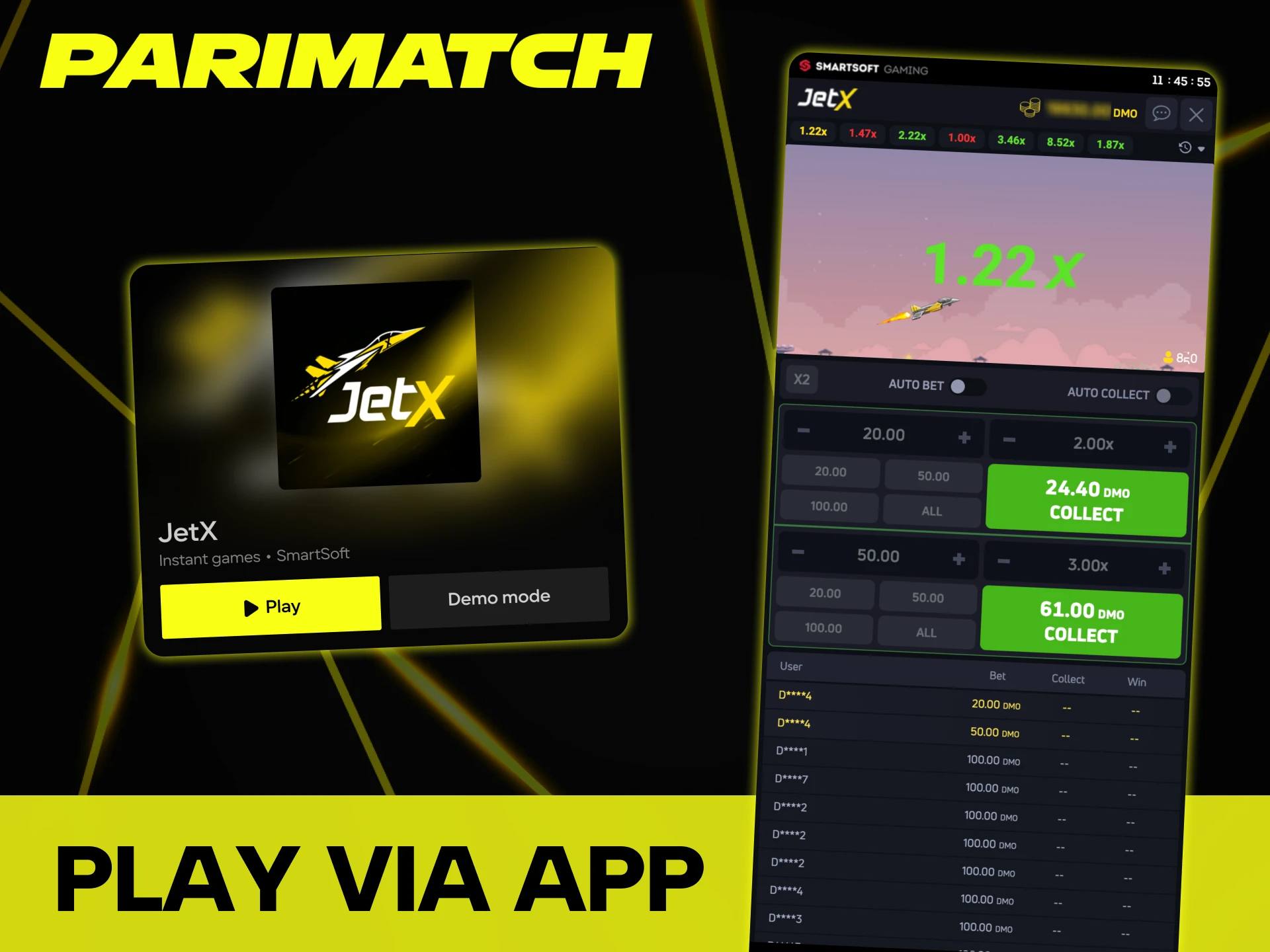 JetX runs smoothly on official Parimatch mobile app.