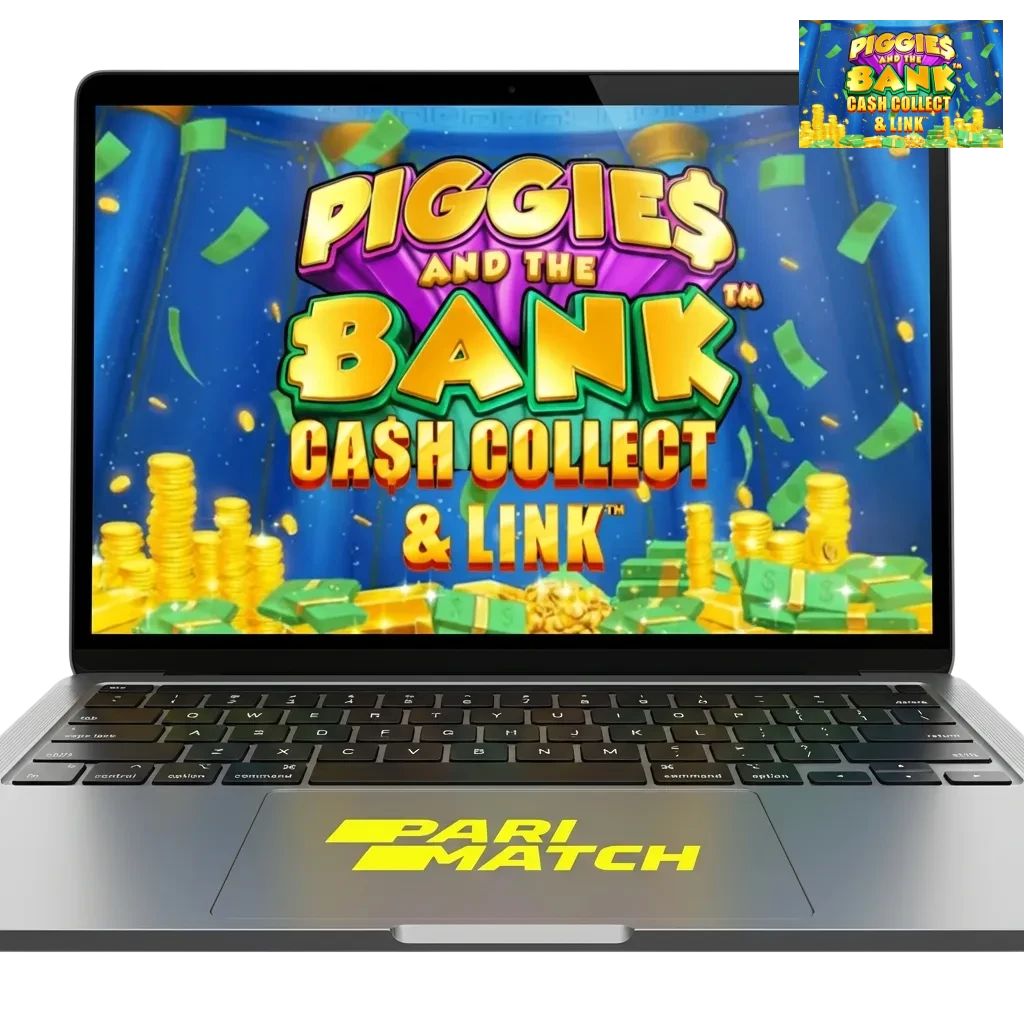 Colorful slot game featuring piggy banks and cash symbols with Indian rupee currency options on Parimatch gaming platform