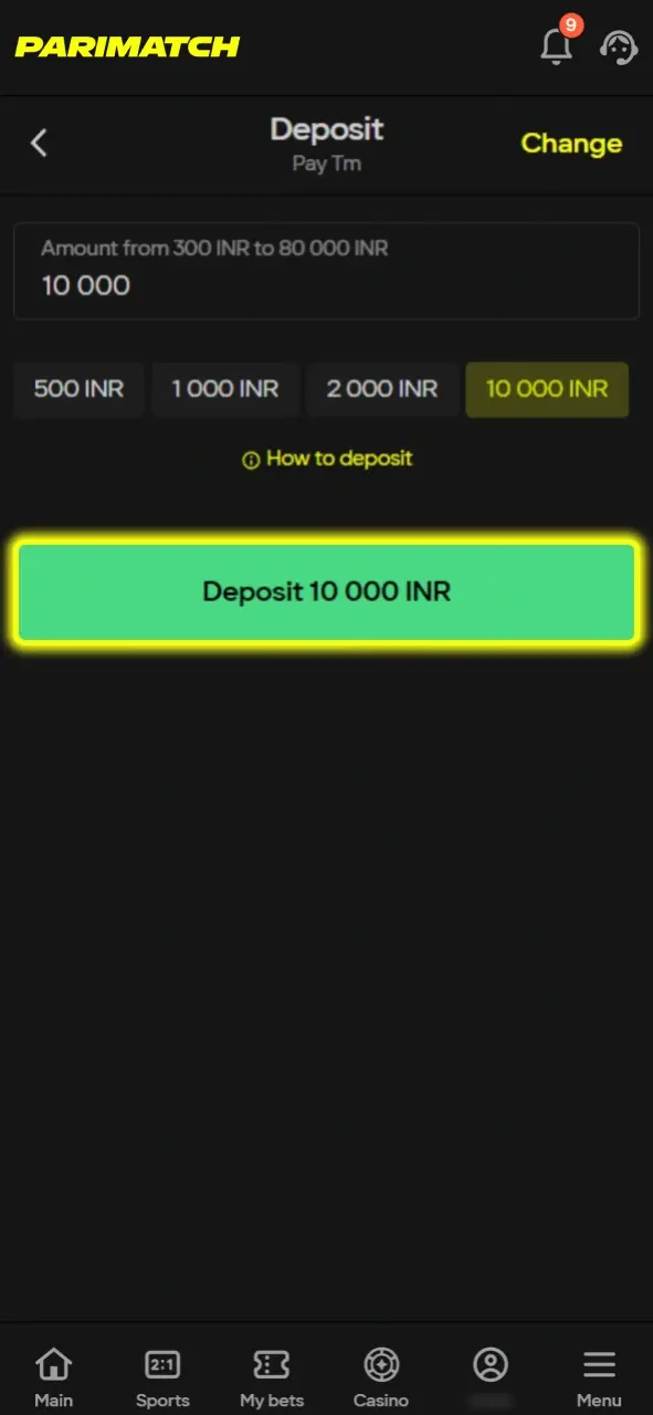 Select your deposit amount to fund your account for playing Candy Palace at Parimatch.
