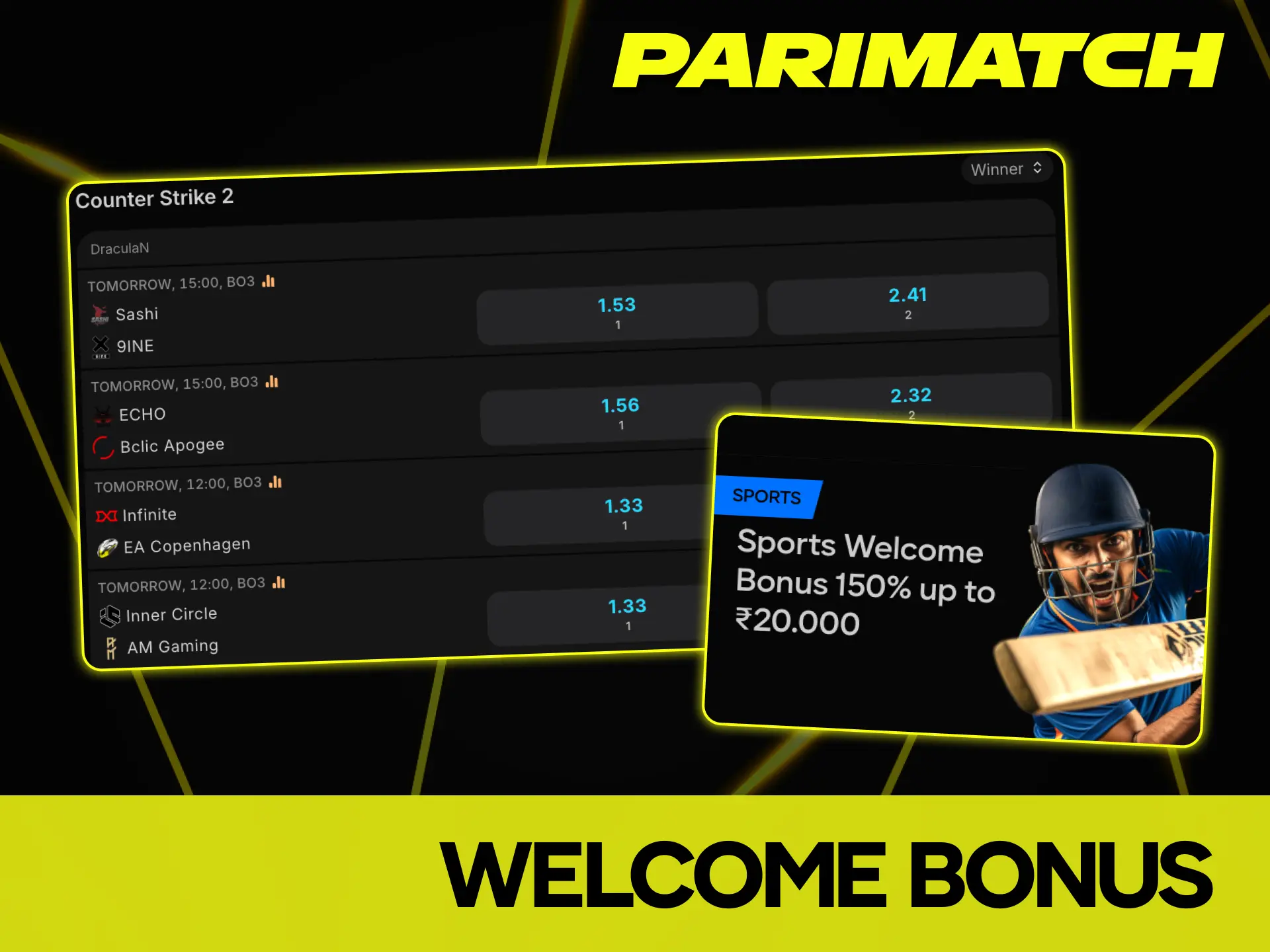 Parimatch India sports welcome bonus for CS2 betting.