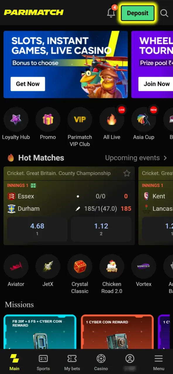 Find the green deposit button at Parimatch and click on it.