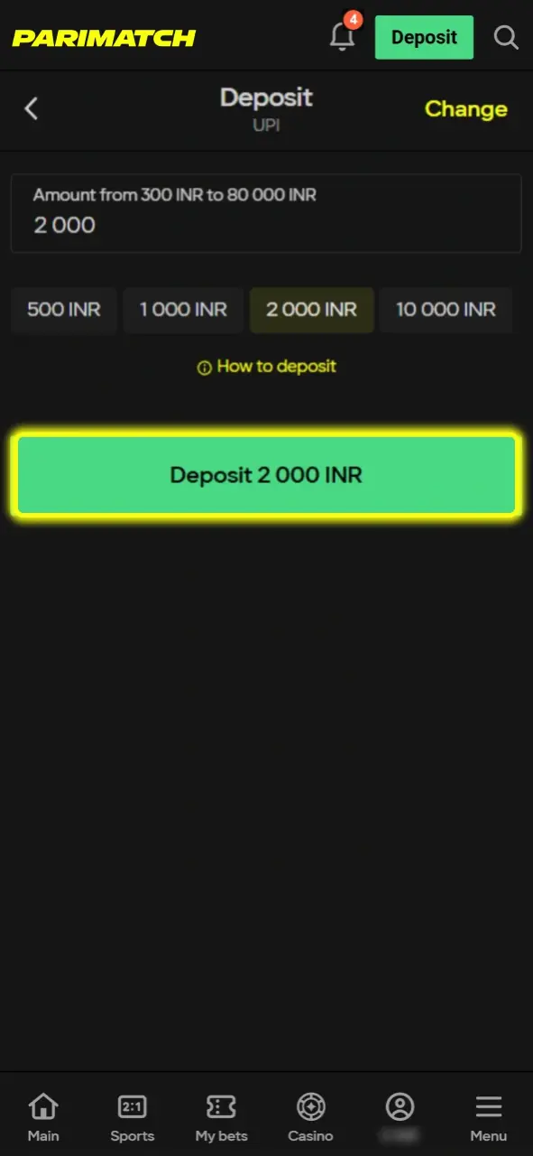 Select your preferred deposit amount to fund your account for playing Fortune Gems at Parimatch.