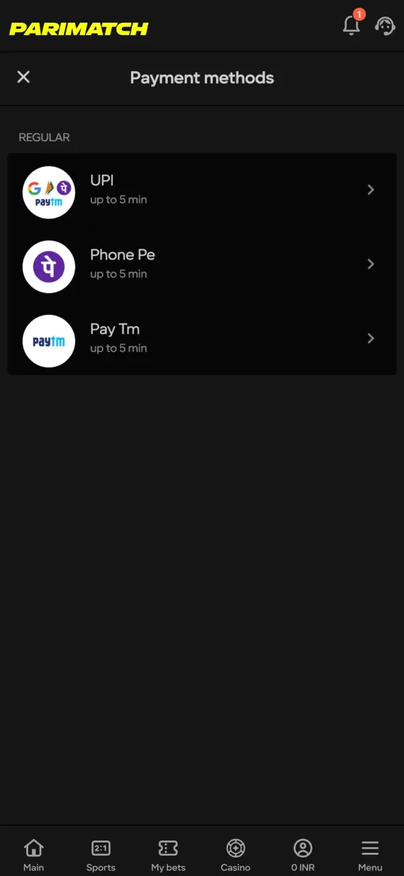 Top up your Parimatch account for placing bets.