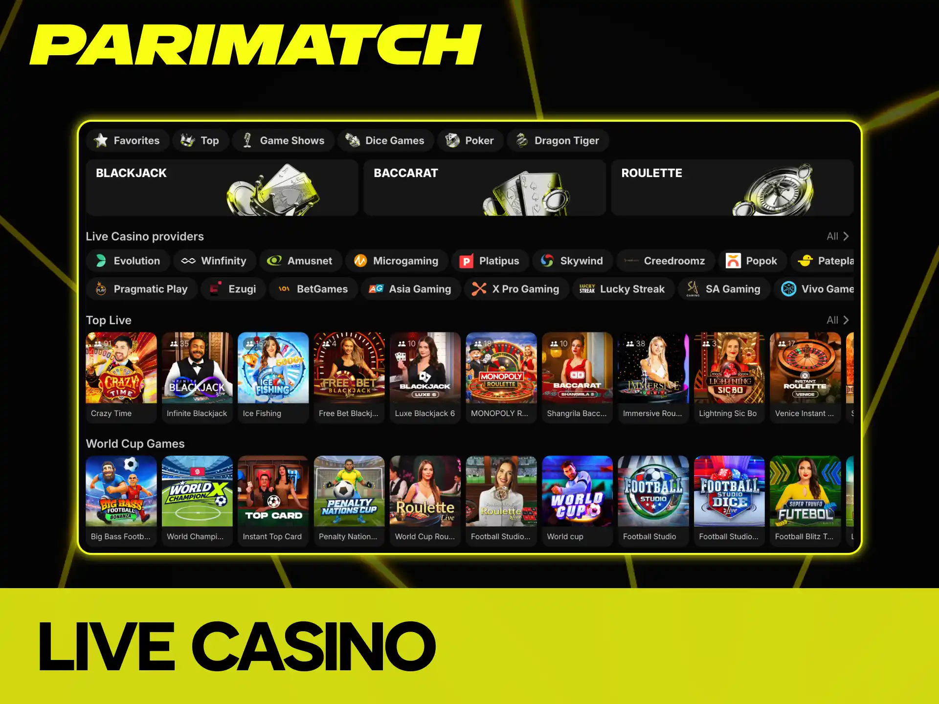 Play live casino games with real professional dealers at Parimatch casino.