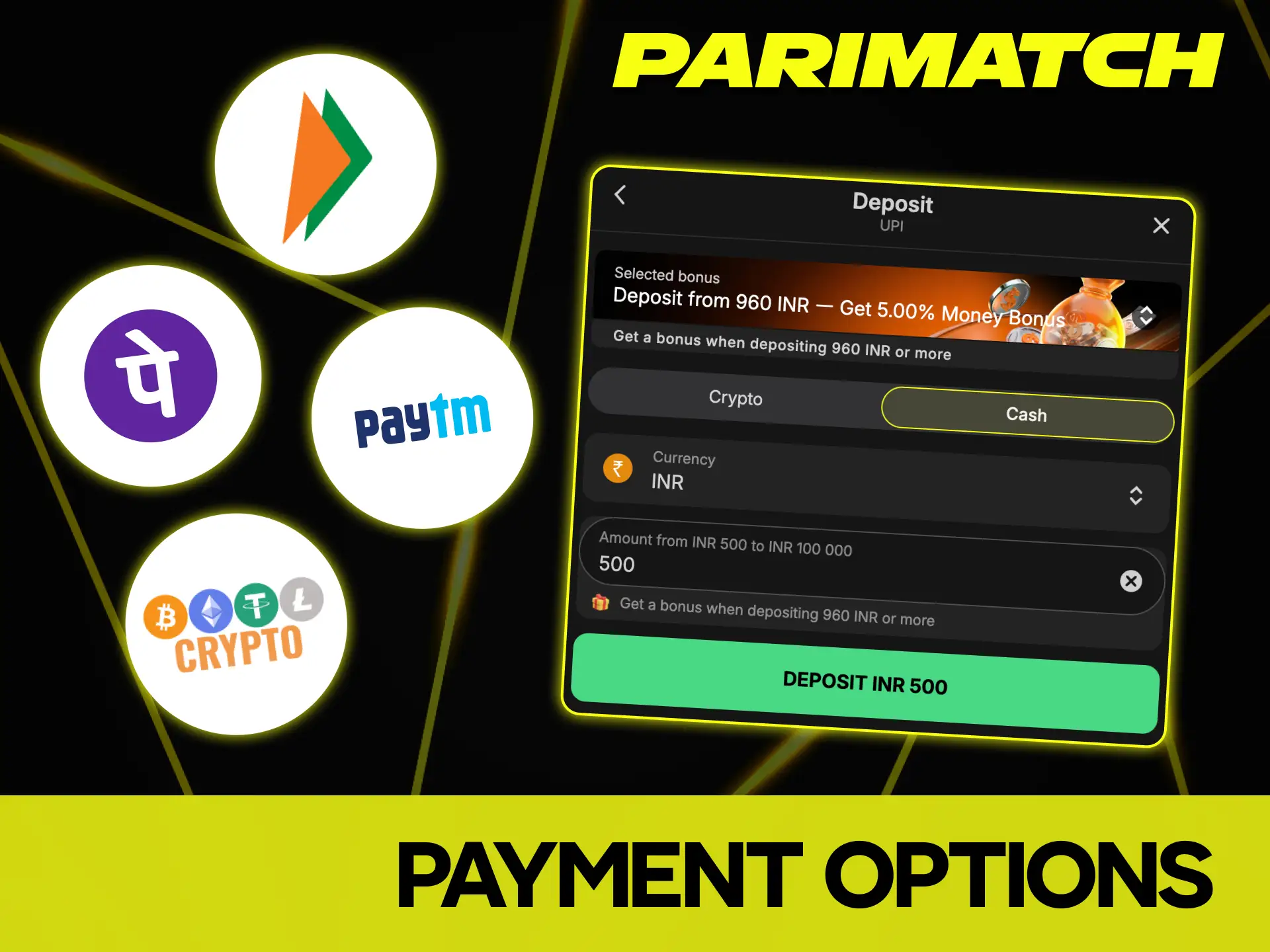 Use convenient and secure payment options at Parimatch casino.