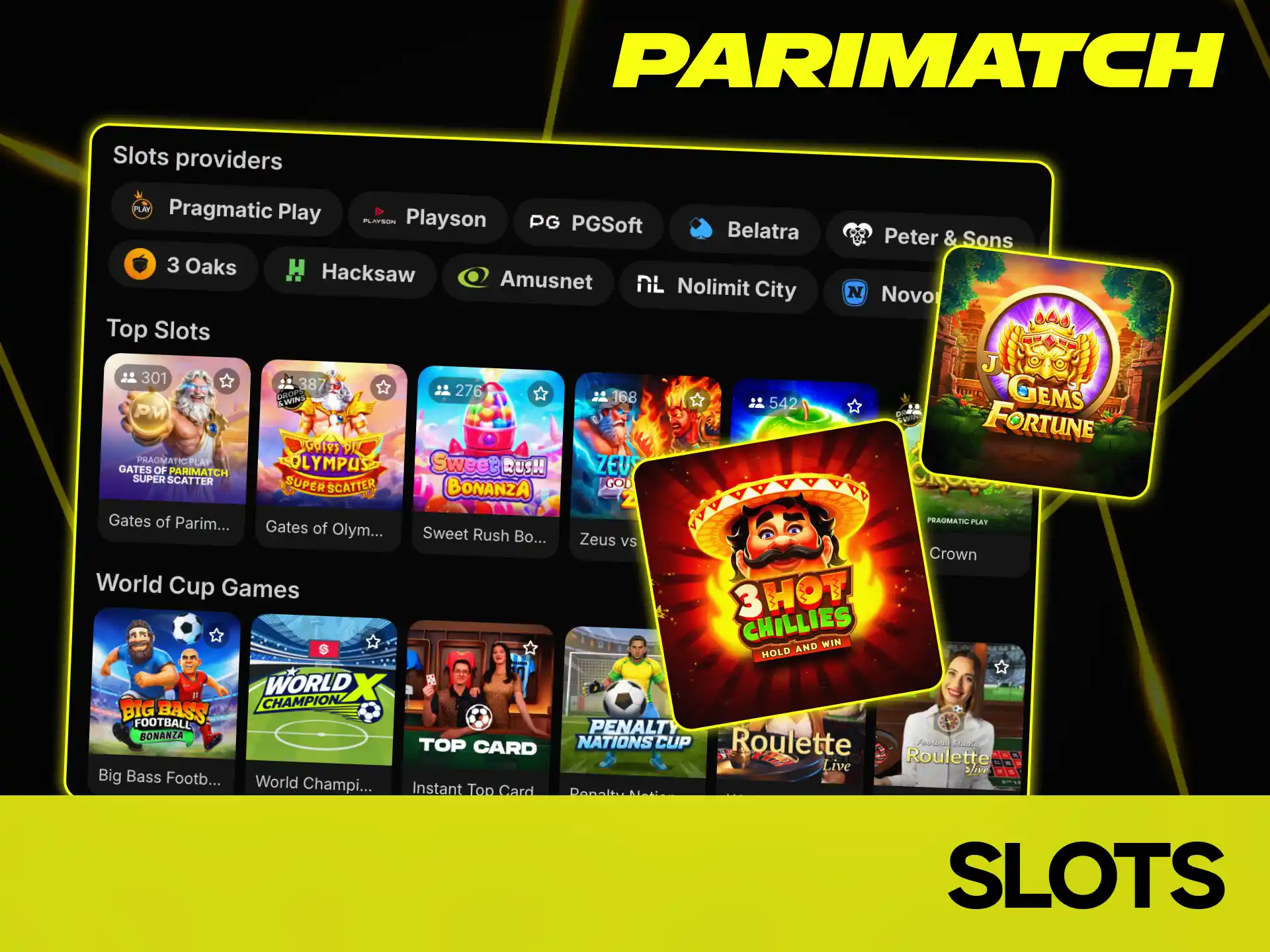 Play classic and video slots in the large Parimatch casino library.