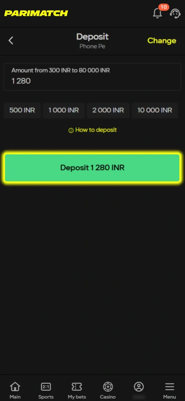 Choose your deposit amount to fund your account for playing Money 5 at Parimatch.