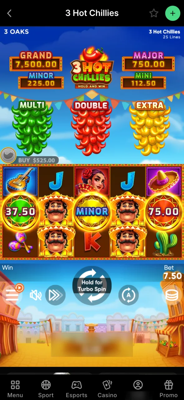 Tap the Play button to start spinning the spicy reels of 3 Hot Chillies at Parimatch.