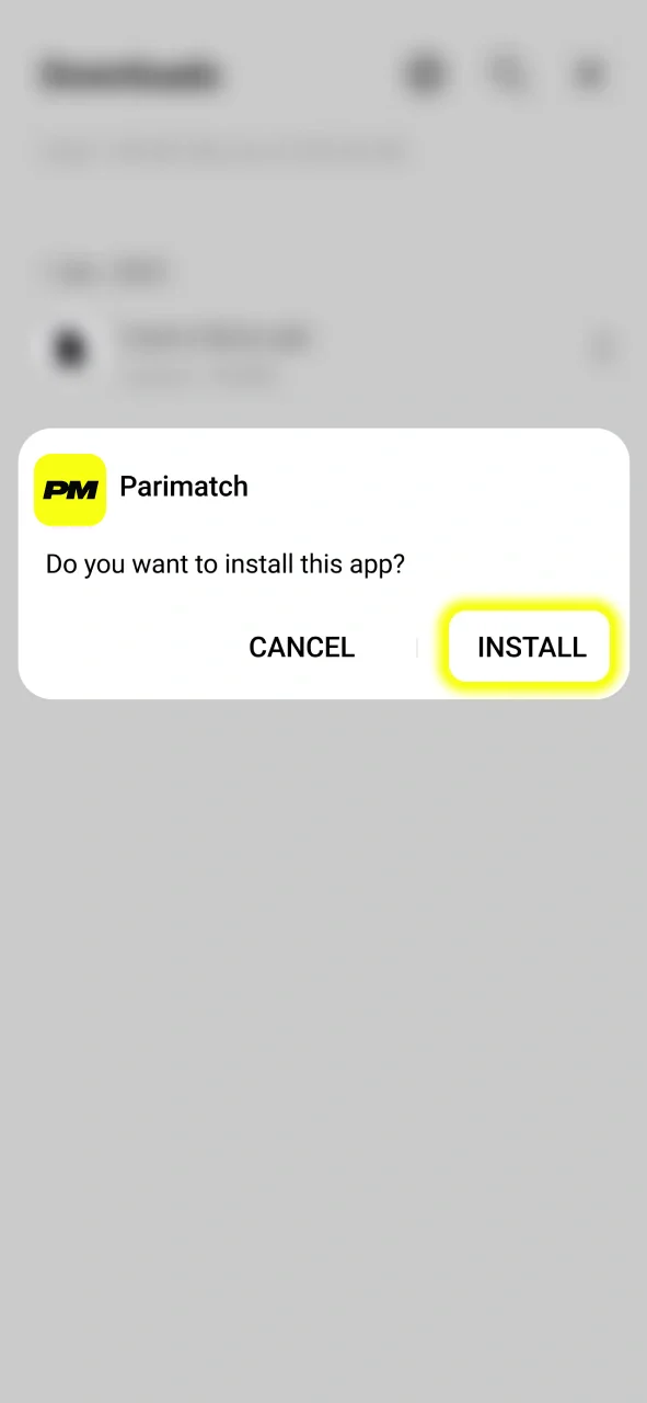 Confirm the installation by clicking Install to set up the Parimatch app on your device.