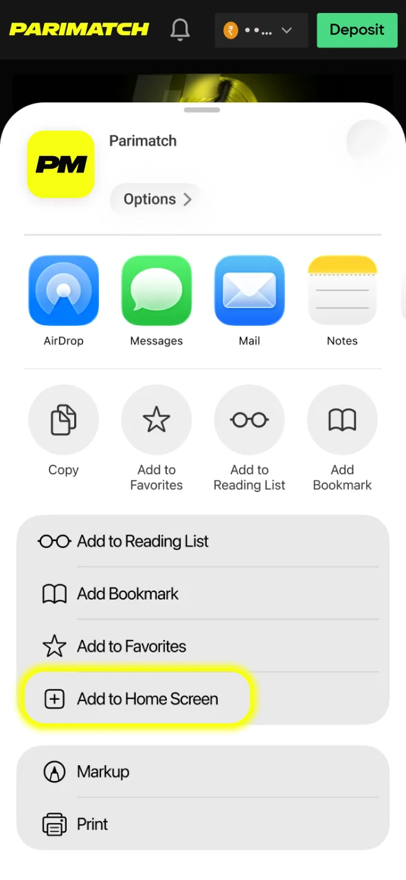 Select the Add to Home Screen option to complete the Parimatch iOS setup.